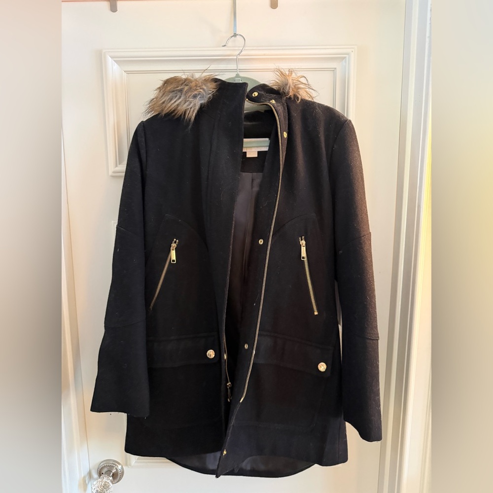Women's Michael Kors Black Coat with Faux Fur Trim and Gold Hardware